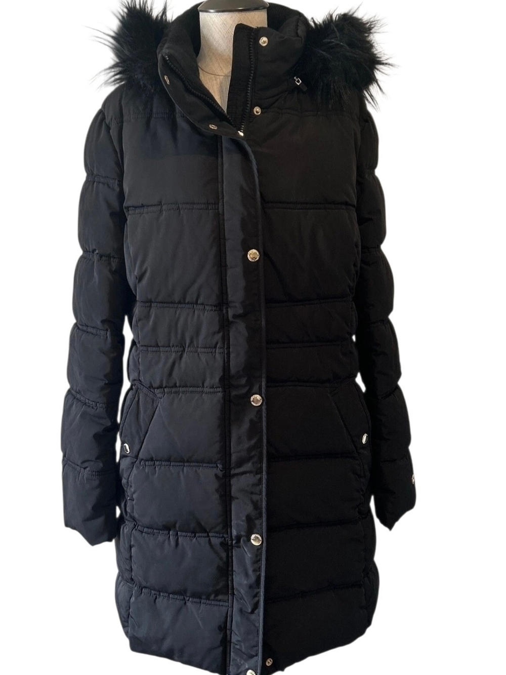 Tommy Hilfiger Black Faux Fur Trim Puffer Coat